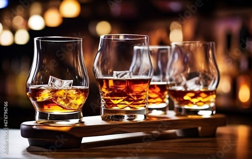 Flight of whiskey for tasting on a bar counter with a blurred background created with generative ai