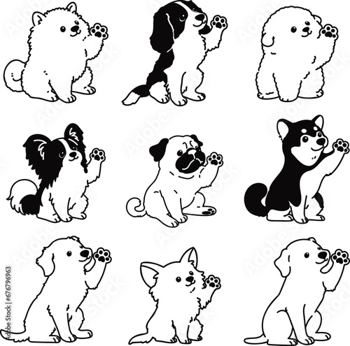 Set of adorable dogs sitting and waving hand illustrations with only outlines photo