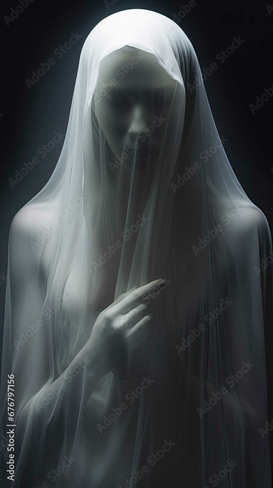 Naklejka premium A close-up portrait of a ghost woman, lady in white veil, ethereal statue