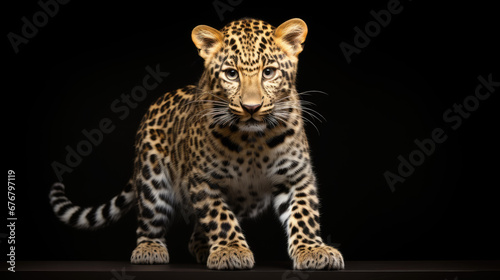 Amur leopard cub (Panthera pardus orientalis) isolated on black background photo