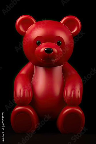 A close-up of a red teddy bear toy sitting, black background
