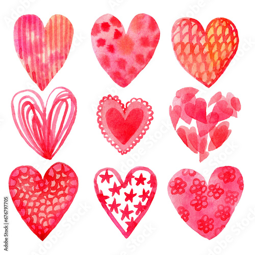 Watercolor hand drawn hearts for valentines day. Hearts set for greeting cards, prints, packaging design, textile, labels, stickers, postcards, element design. Red hearts in watercolor technique.