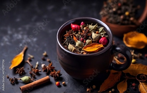 Tea in a mug, dry leaves and spices on a dark background, thanksgiving day concept  created with generative ai