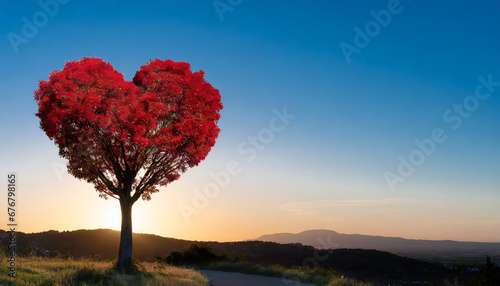 Red heart shaped tree at sunset
