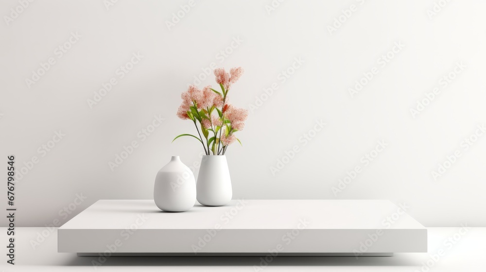minimalist elegance featuring two white vases with delicate pink flowers, set against a pristine white background.