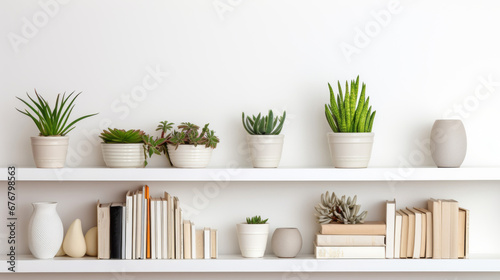 Botanical Bookshelf An array of indoor plants nestled among books on white shelves, creating a cozy and vibrant corner.