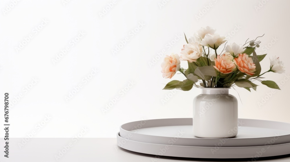 An exquisite display of white and peach roses in a chic white vase, set against a minimalist white backdrop. An exquisite display of white and peach roses in a chic white vase, set against a minimalist white backdrop.