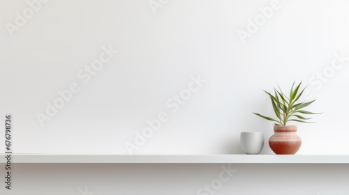 A minimalist wooden shelf featuring a small potted plant and a white mug  set against a pristine white wall.