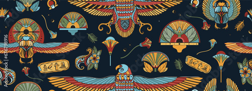 Ancient Egypt pattern. Egyptian culture background. Sacred scarab, Horus falcon, pyramids, magic eye, ethnic ornaments. Old school tattoo style
