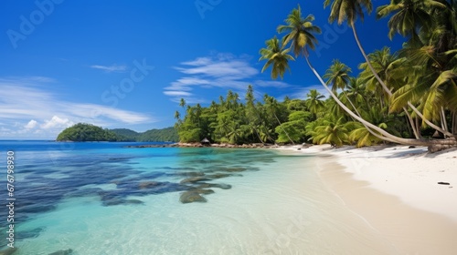 golden sunlight shining on tropical summer beach with powdery sand and crystal clear ocean water