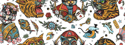 Tigers, portrait of kitty geisha princess at sailor cat. Seamless pattern. Old school tattoo. Asian art style. Traditional oriental tattooing background