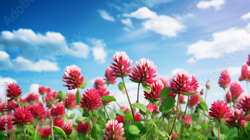 Closeup of red blooming clover field in front of cloudy blue sky 