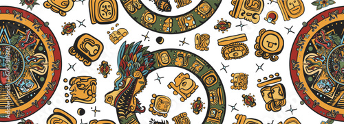 Mayan pattern. Aztec, inca background. Golden glyphs, Kukulkan, totem, dragon, indian. Ancient mexican civilization. Old school tattoo style