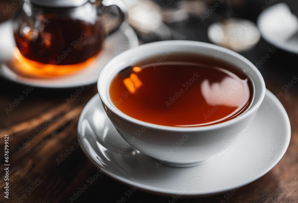 AI generated illustration of a ceramic teacup on a round, white porcelain saucer on a wooden table AI generated illustration of a ceramic teacup on a round, white porcelain saucer on a wooden table