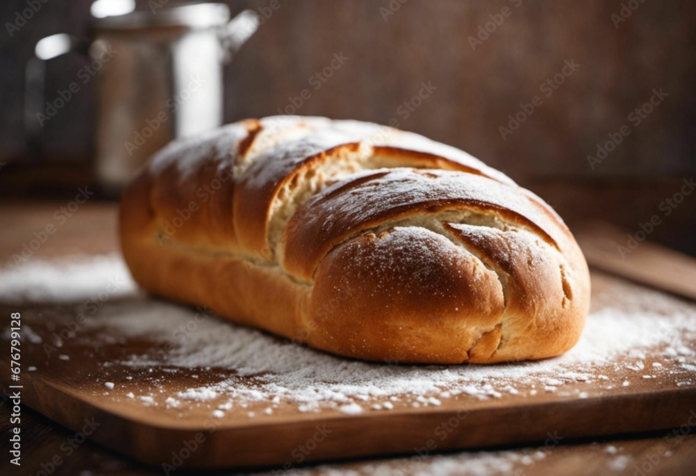 AI generated illustration of a freshly baked loaf of bread on a cutting board, ready to be enjoyed