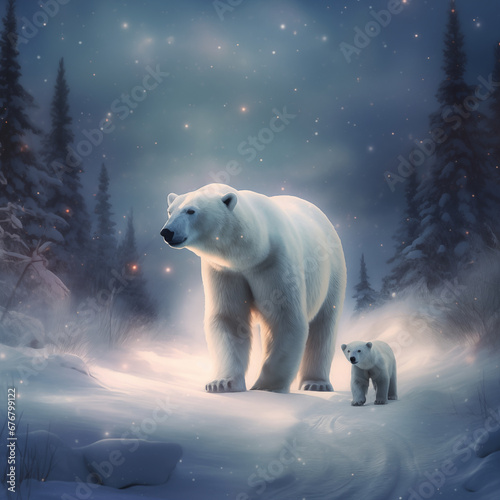 polar bear and her cub are walking through the snow on a cold winter night