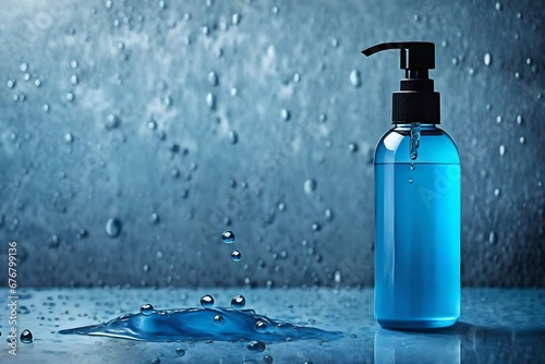 blue shampoo and cosmetics dispenser bottle in wet background