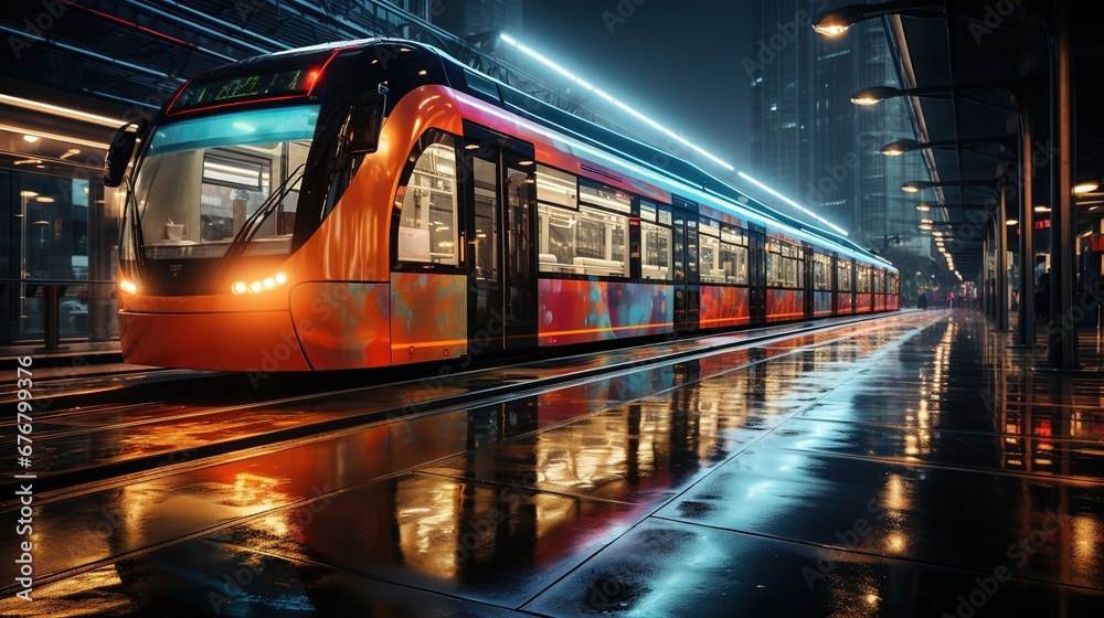 A moving subway car, train, at the evening station. Tram stop in the city. Speed, blurry movement of neon lights. A moving subway car, train, at the evening station. Tram stop in the city. Speed, blurry movement of neon lights.