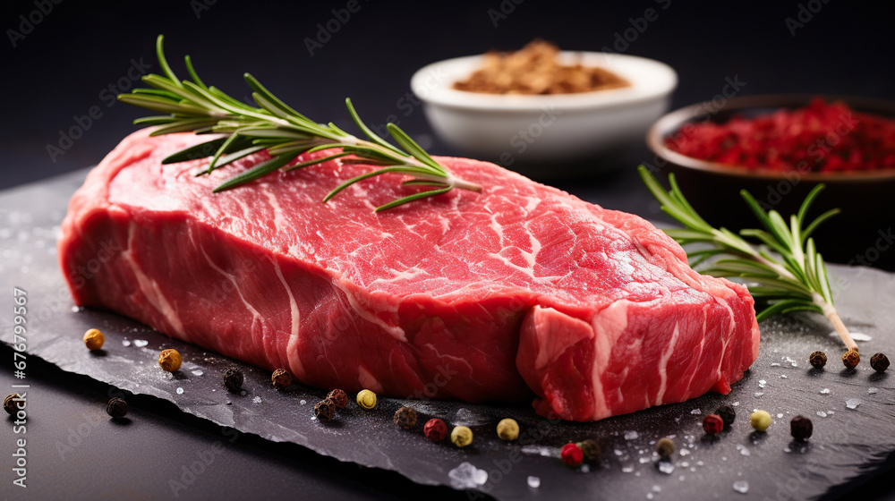 Raw beef steak with a sprig of rosemary on dark background