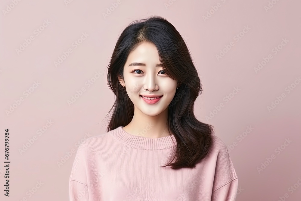 portrait of attractive Korean girl in sweater, showing promotional offer, single color background, generative ai portrait of attractive Korean girl in sweater, showing promotional offer, single color background, generative ai