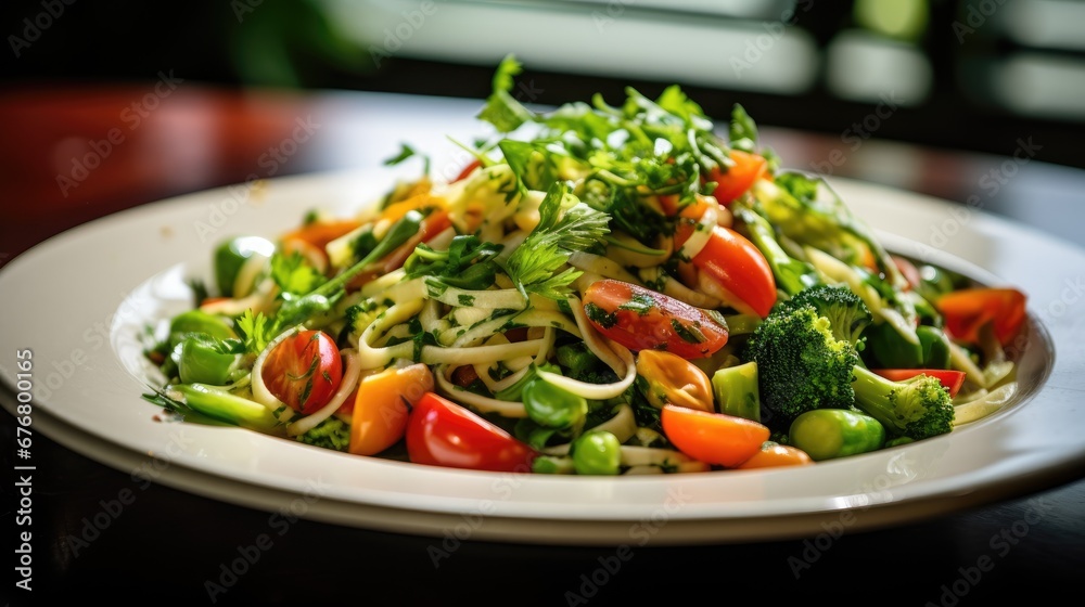  a close up of a plate of food with broccoli, carrots, and other veggies.  generative ai