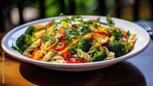  a close up of a plate of food with pasta and broccoli on a table with a knife and fork.  generative ai