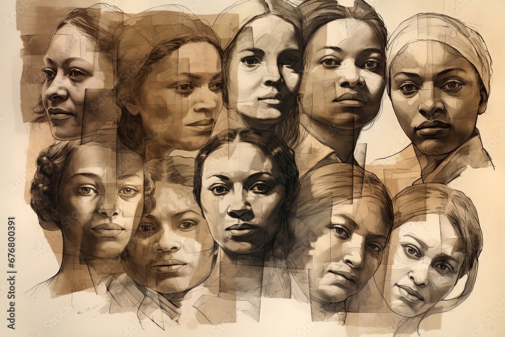 Abstract collage that celebrates the beauty and diversity of humanity. Variety of people from different ethnicities, cultures, ages and genders. Ai generative