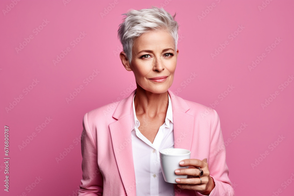 Charming Mature Lady Enjoys Tea or Coffee in Business Portrait on Pink Background, AI generated Charming Mature Lady Enjoys Tea or Coffee in Business Portrait on Pink Background, AI generated