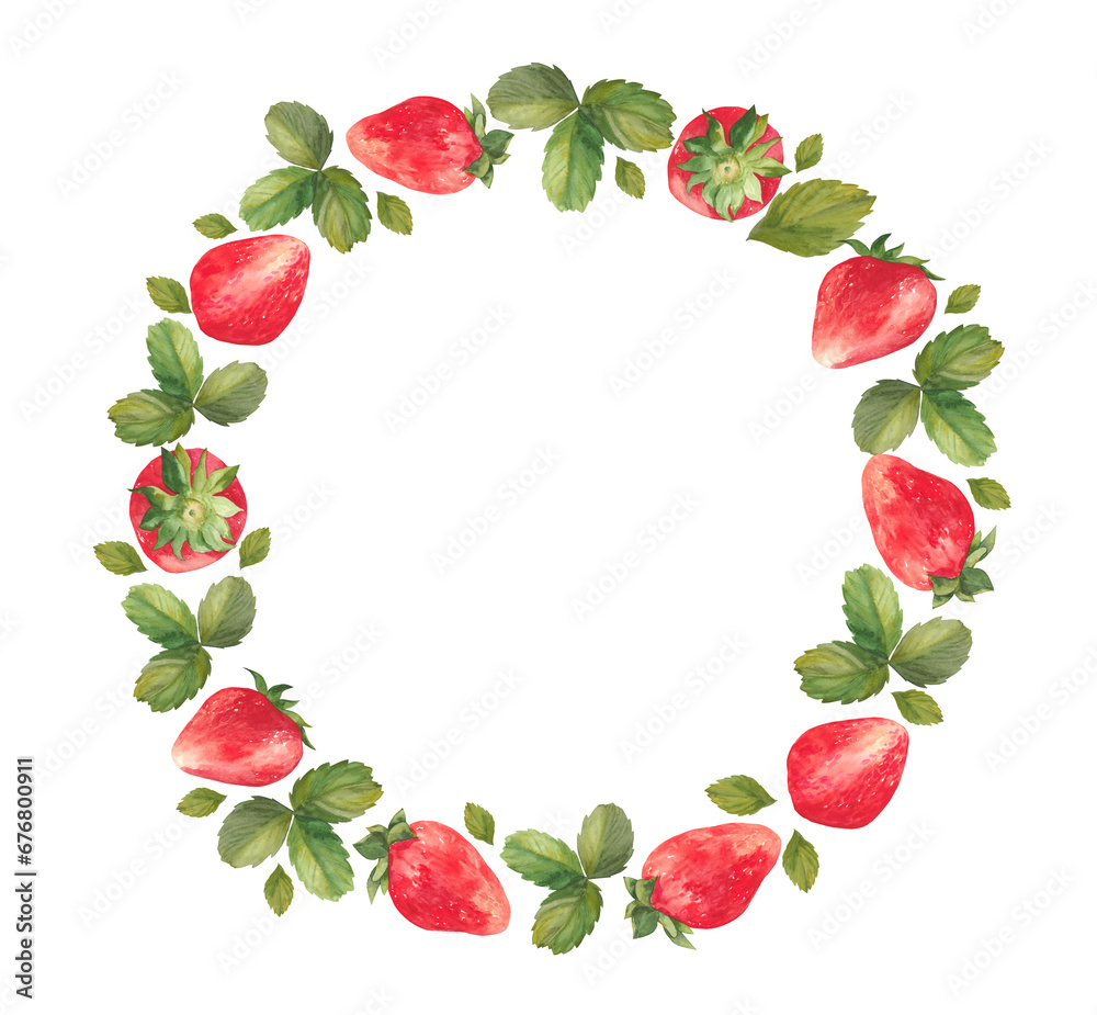 Strawberry Round watercolor Frame. Bright red berries and green leaves with flowers. Summer illustration for cards and invitations. Free space for text Strawberry Round watercolor Frame. Bright red berries and green leaves with flowers. Summer illustration for cards and invitations. Free space for text