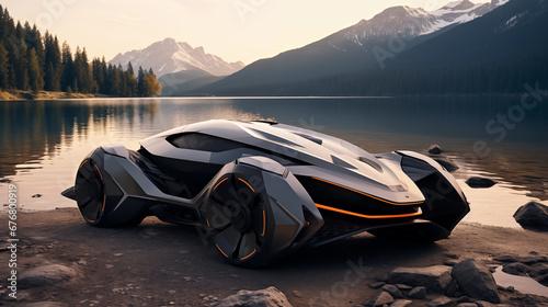 an futuristic motorcycle parked on the beach near some water and mountains
