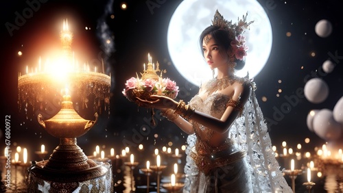 Beautiful Thai woman in Thai evening dress with Thai loy krathong festival banner photo