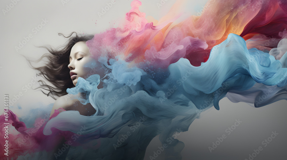 Woman aerosol  with cloud of colored powders stock photo, in the style of light orange and teal, video glitches, high quality photo, colorful explosions, striking composition, psychedelic surrealism