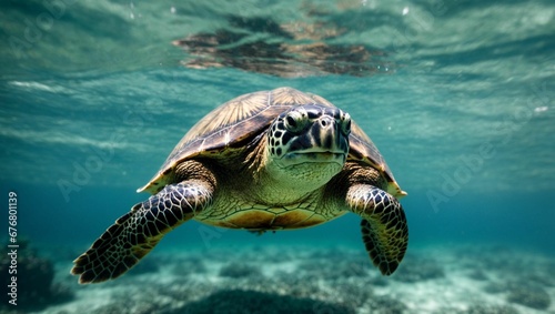 AI generated illustration of a sea turtle swimming in blue waters