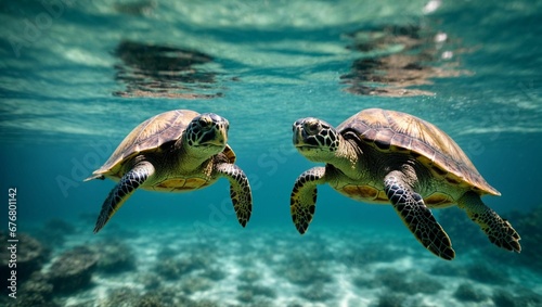 AI generated illustration of two sea turtles swimming in blue waters