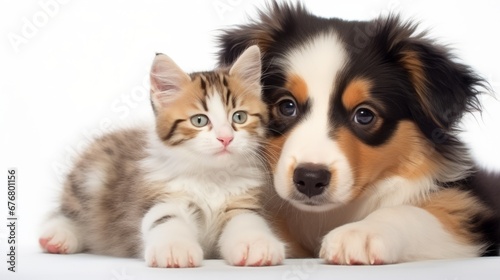 Curious Australian shepard puppy dog hugs kitten. Pets look away and up together on empty space. isolated on white background. photo