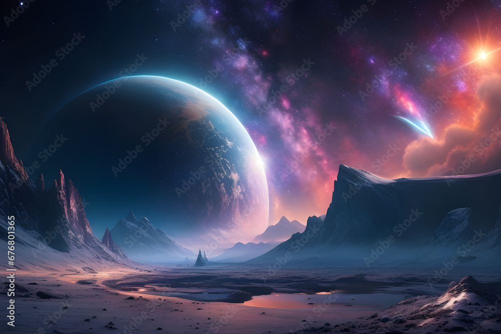 Celestial landscapes, distant galaxies, planetary realms, the cosmos, a futuristic realm beyond Earth, a spacefaring world, captivating starscapes, interstellar vistas, cosmic wanderers like comets an
