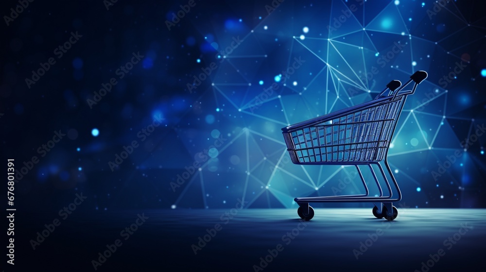 shopping cart blue glowing light, Shopping card full of presents. blue, polygonal style for E-commerce online shopping, Marketplace platform website