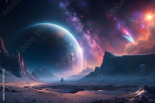 Celestial landscapes, distant galaxies, planetary realms, the cosmos, a futuristic realm beyond Earth, a spacefaring world, captivating starscapes, interstellar vistas, cosmic wanderers like comets an © Funky