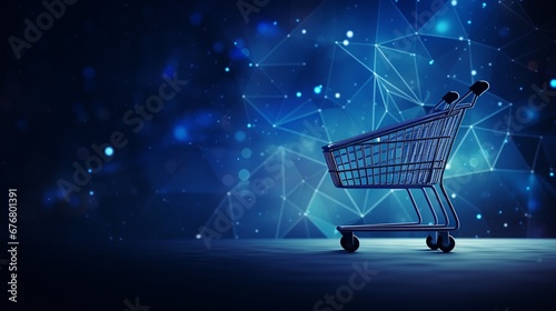 shopping cart blue glowing light, Shopping card full of presents. blue, polygonal style for E-commerce online shopping, Marketplace platform website photo
