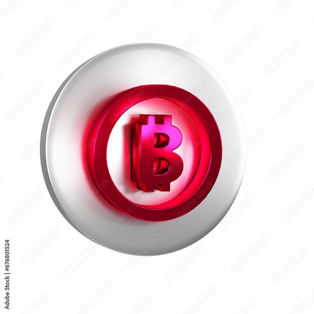 Red Cryptocurrency coin Bitcoin icon isolated on transparent background. Physical bit coin. Blockchain based secure crypto currency. Silver circle button. Red Cryptocurrency coin Bitcoin icon isolated on transparent background. Physical bit coin. Blockchain based secure crypto currency. Silver circle button.