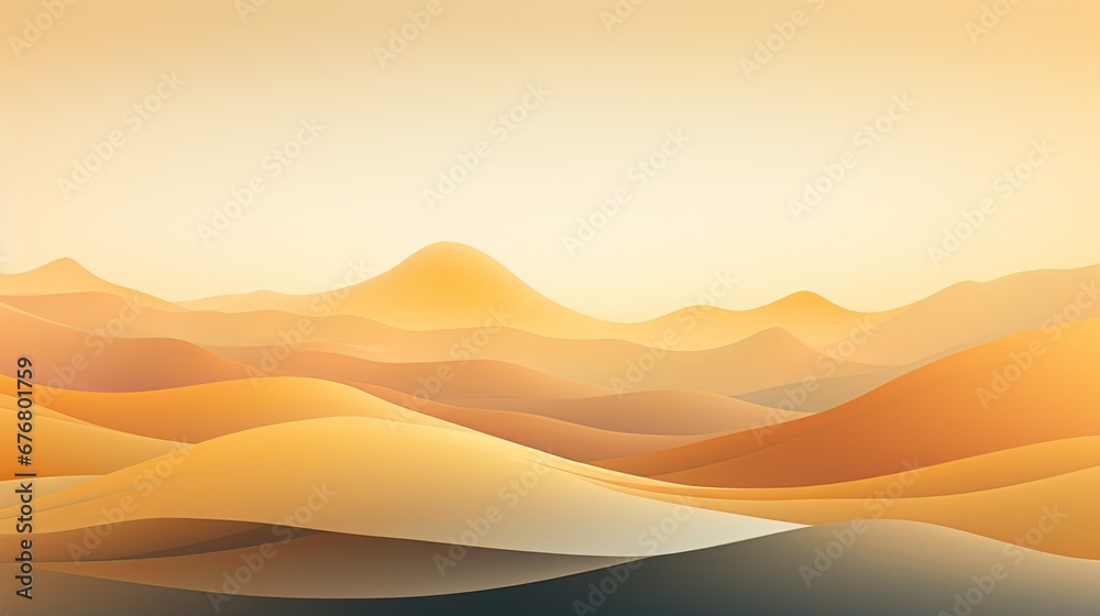  a desert landscape with hills and hills in the distance, with the sun setting in the distance, and a hazy sky in the background.  generative ai