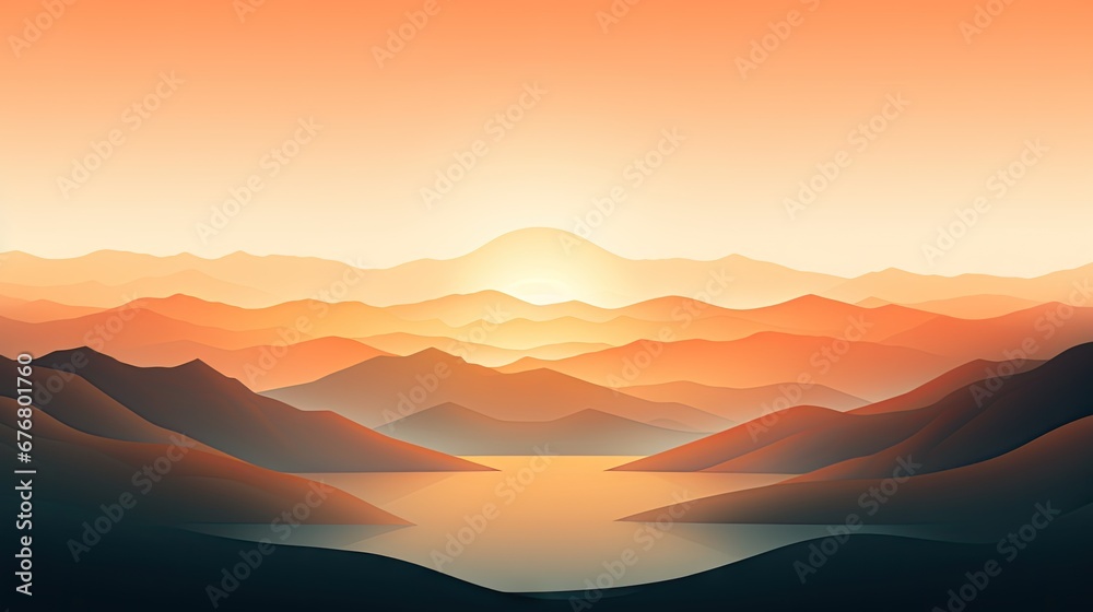  a view of a mountain range with a lake in the foreground and the sun rising over the mountains in the background.  generative ai