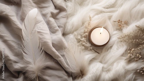  a white candle sitting on top of a white blanket next to a white feather and a white candle on top of a white blanket. generative ai
