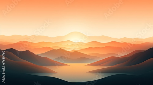  a view of a mountain range with a lake in the foreground and the sun rising over the mountains in the background. generative ai