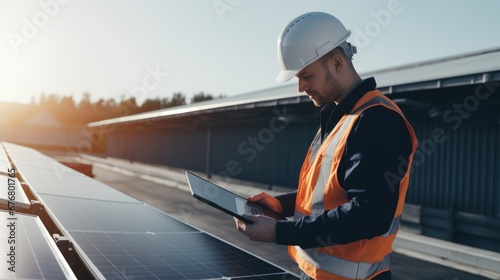 engineer with laptop and tablet maintenance checking installing solar roof panel on the factory rooftop