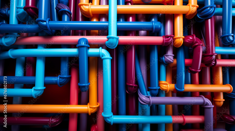 Pipes of various colors are tangled that are attached to the wall. All well connected. 3D graphic background design.