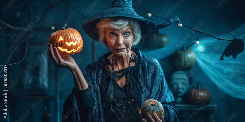 Beautiful Mature Lady Transforms into Witch in Halloween Costume Against a Blue Background, AI generated