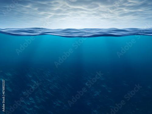 Underwater ocean panorama with water surface sun and clouds