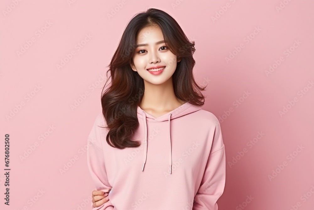 portrait of attractive Korean girl in sweater, showing promotional offer, single color background, generative ai portrait of attractive Korean girl in sweater, showing promotional offer, single color background, generative ai