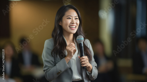 Asian Speaker is speaking in public while holding a microphone with happy smile on face. Business seminar concept. Seminar room. Lecture Class.